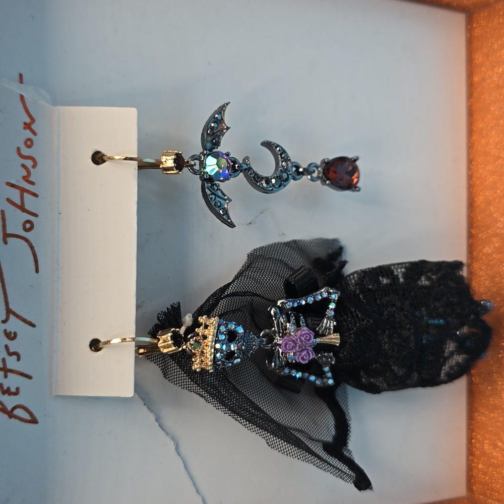 Betsey Johnson Halloween Earrings Skeleton Bride and Bat Marcasite Sparkle